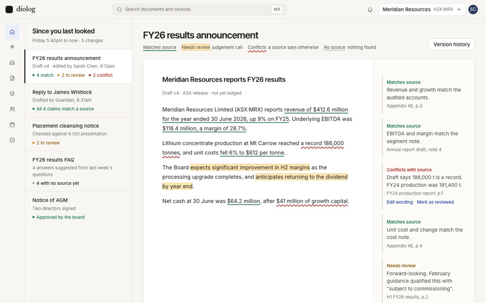Direction C web app: a results announcement draft with claims marked as matching, needing review or conflicting with a source