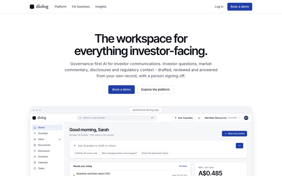 Direction A website: centred headline above a screenshot of the web app