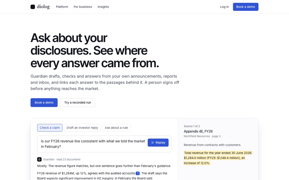 Direction B website: a recorded Guardian run answering a disclosure question with its source page beside it